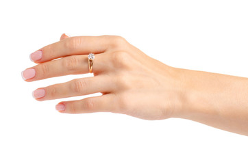 Female hand with a gold ring on a white background isolation