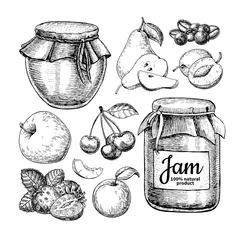 Foto op Plexiglas Fruit jam glass jar vector drawing. Jelly and marmalade with str © Maria.Epine