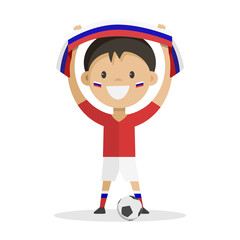 Football player with a ball on a white background raises a scarf with the flag of Russia over his head. Vector illustration.