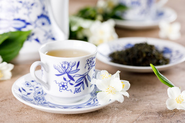 An exquisite forster cup from a stunningly beautiful tea set with a fragrant green tea. Tea with a taste of jasmine.