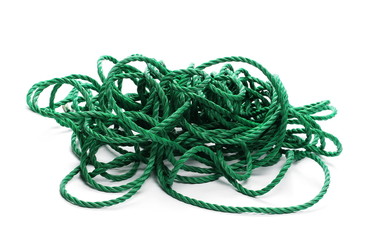 Green synthetic cord, string, rope isolated on white background texture