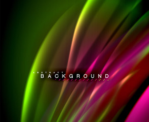 Neon glowing wave, magic energy and light motion background. Vector wallpaper template