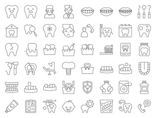 Fototapeta na wymiar dentist and dental clinic related icon, such as toothbrush, tooth decay, make an appointment, teeth whitening, dental instruments, dentures, dental floss, thin line icon
