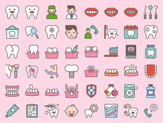 dentist and dental clinic related icon, such as toothbrush, tooth decay, make an appointment, teeth whitening, dental instruments, dentures, dental floss, bold line icon