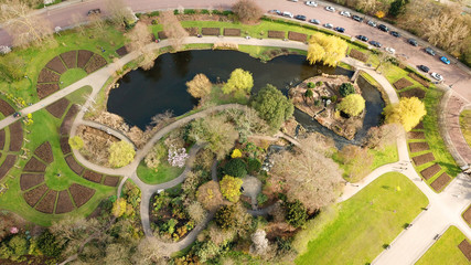 Aerial drone bird's eye view photo of iconic Regent's Park unique nature and Symetry of Queen Mary's Rose Gardens as seen from above, London, United Kingdom