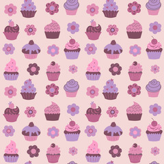 Cute seamless pattern with cupcakes and flowers and fruits