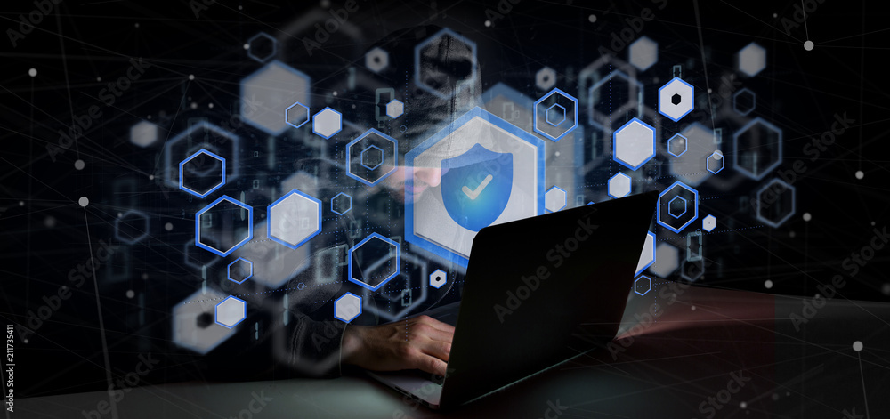 Poster Hacker Man holding a padlock web security concept 3d rendering