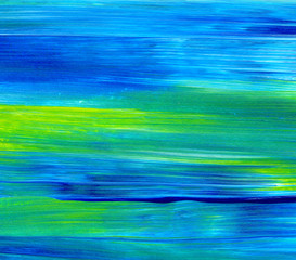 Abstract acrylic painting for use as background, texture, design element. Modern art in Mixed colours of green, blue, yellow.