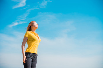 Carefree Happy Woman Enjoying Nature. Beauty Girl Outdoor. Freedom concept. Sunbeams. Enjoyment. Dont worry be happy 