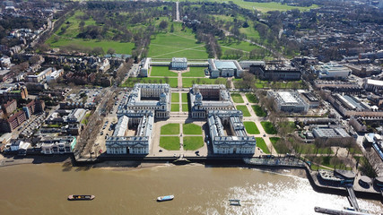 Aerial bird's eye view photo taken by drone of iconic Greenwich University and Greenwich Park,...
