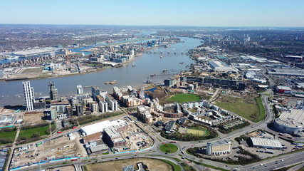 Obraz premium Aerial bird's eye view photo taken by drone of Greenwich village residential area by river Thames, London, United Kingdom