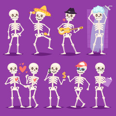 Cartoon skeleton vector bony character mexican musician or lovely couple with skull and human bones illustration skeletal set of dead people dancing or bathing isolated on background