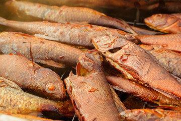 background of golden smoke-dried fish close up