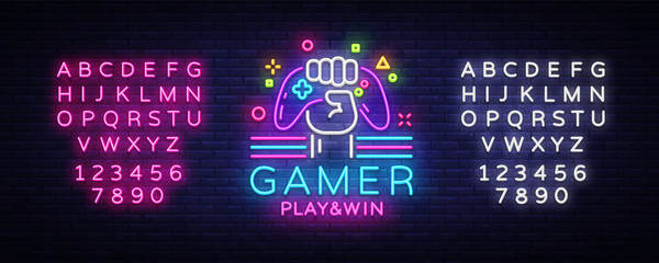 Gamer Play Win logo neon sign Vector logo design template. Game night logo in neon style, gamepad in hand, modern trend design, light banner, bright advertisement. Vector. Editing text neon sign