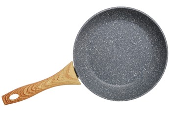 Gray frying pan isolated on white background, close-up, top view