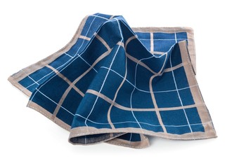 A blue clean handkerchief with a checkered pattern. Napkin thrown, crumpled.