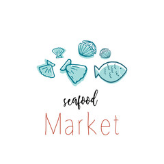Hand Drawn Doodle Sketch Seafood illustration. Nautical background for seafood or fish restaurants, bars, markets or festivals. Vector template