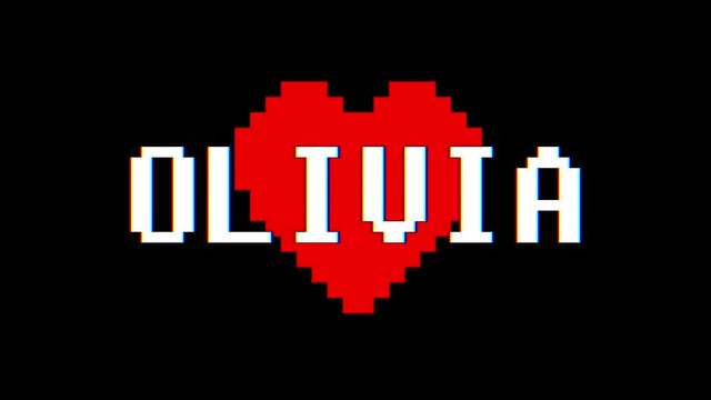 pixel heart OLIVIA word text glitch interference screen seamless loop animation background new dynamic retro vintage joyful colorful video footage