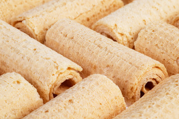 Wafer rolls. Gtoup of tasty crispy tube wafer on white background. Dessert