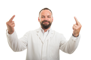 Portrait of male doctor showing double middle finger gesture