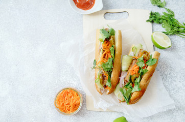 Classical banh-mi sandwich with sliced grilled pork tenderloin, shredded carrots and peeled...