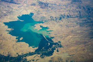 Aerial view of the desert and a lake