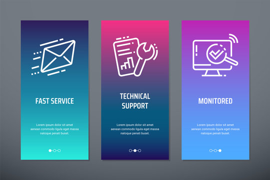 Fast service, Technical support, Monitored Vertical Cards with strong metaphors.