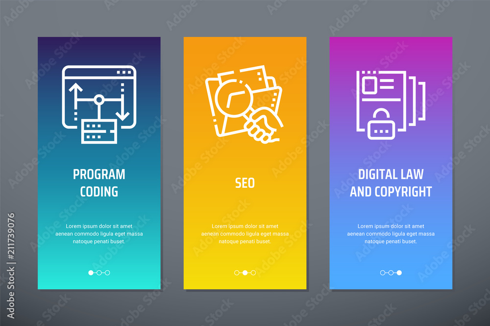 Poster program coding, seo, digital law and copyright vertical cards with strong metaphors.