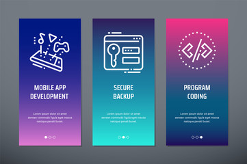 Mobile app development, Secure backup, Program coding Vertical Cards with strong metaphors.