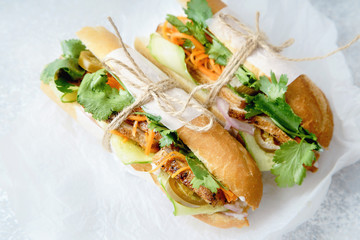 Close up of classical banh-mi sandwich with sliced grilled pork tenderloin, shredded carrots and peeled cucumbers, jalapeno peppers and cilantro on white textured background