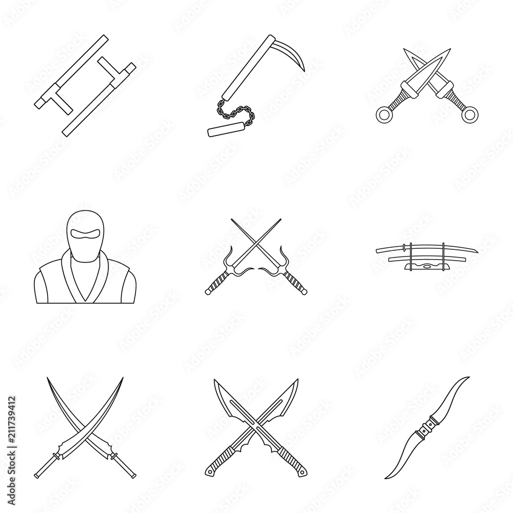 Poster samurai icons set. outline set of 9 samurai vector icons for web isolated on white background
