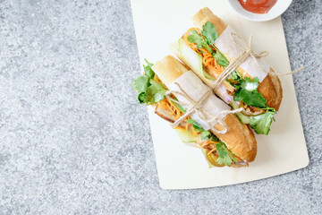 Classical banh-mi sandwich with sliced grilled pork tenderloin, shredded carrots and peeled cucumbers, jalapeno peppers and cilantro. Top view, copy space