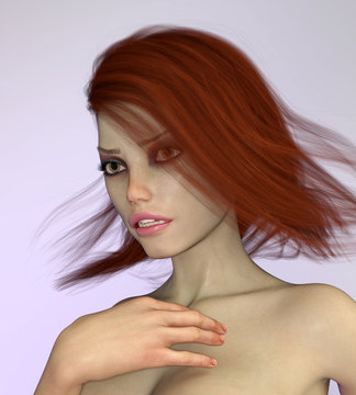 Attraktive Frau mit wehenden braunen Haaren