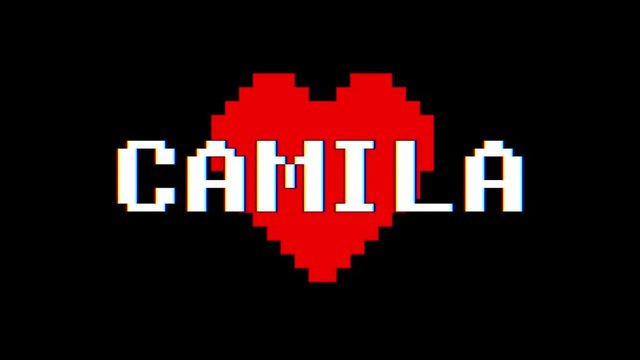 pixel heart CAMILA word text glitch interference screen seamless loop animation background new dynamic retro vintage joyful colorful video footage