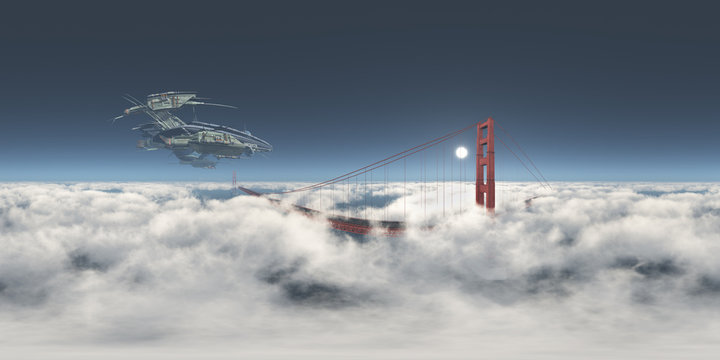 360 Grad Panorama mit einem riesigen Raumschiff über der Golden Gate Bridge