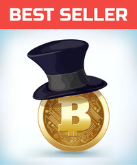 Bitcoin in gentleman cylinder hat. Bitcoin. Digital currency. Crypto currency. Money and finance symbol. Miner bit coin criptocurrency. Virtual money concept. Cartoon Vector illustration