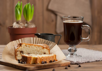 Home Baked Chocolate Chip Bread. Coffee.