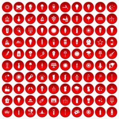 100 light source icons set in red circle isolated on white vectr illustration