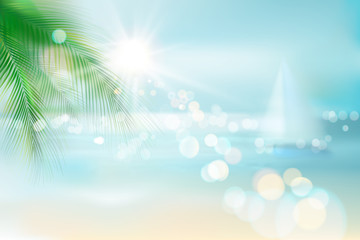 Obraz na płótnie Canvas View of a tropical beach with palm tree and a sailboat. Vector Illustration. 