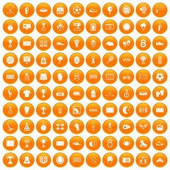 100 stadium icons set in orange circle isolated on white vector illustration