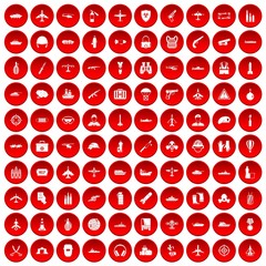 100 military resources icons set in red circle isolated on white vectr illustration