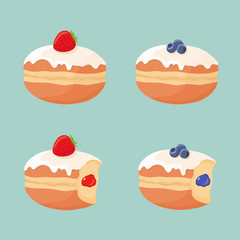 Set of deep fried cute yummy donuts (doughnuts) without holes with strawberries, blueberries, icing on top, with missing bites and berry jelly filling, isolated on background. Vector illstration. - 211743861