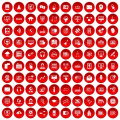 100 on-line seminar icons set in red circle isolated on white vectr illustration