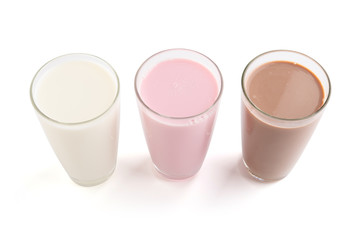 Strawberry, chocolate and fresh milk in a glass isolated on white, Top view, clipping path.
