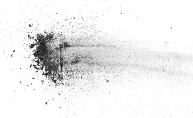 Black charcoal dust, gunpowder isolated on white background and texture, top view