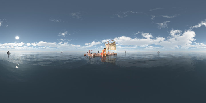 360 Grad Panorama mit einem Schiffbrüchigen auf einem Floß umgeben von Haifischen