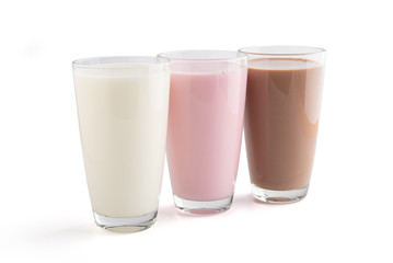 Strawberry, chocolate and fresh milk in a glass isolated on white, Top view, clipping path.