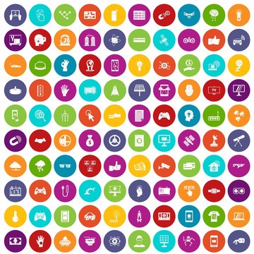 100 hi-tech icons set in different colors circle isolated vector illustration