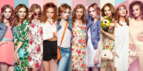 Obraz premium Kolaż mody. Grupa pięknych młodych kobiet. Blondynka młoda kobieta w sukience kwiatowy wiosna lato. Dziewczyna pozuje. Letni strój kwiatowy. Stylowa falowana fryzura. Fotografia mody
