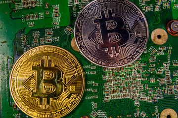 Golden and silver bitcoins on a green circuit board